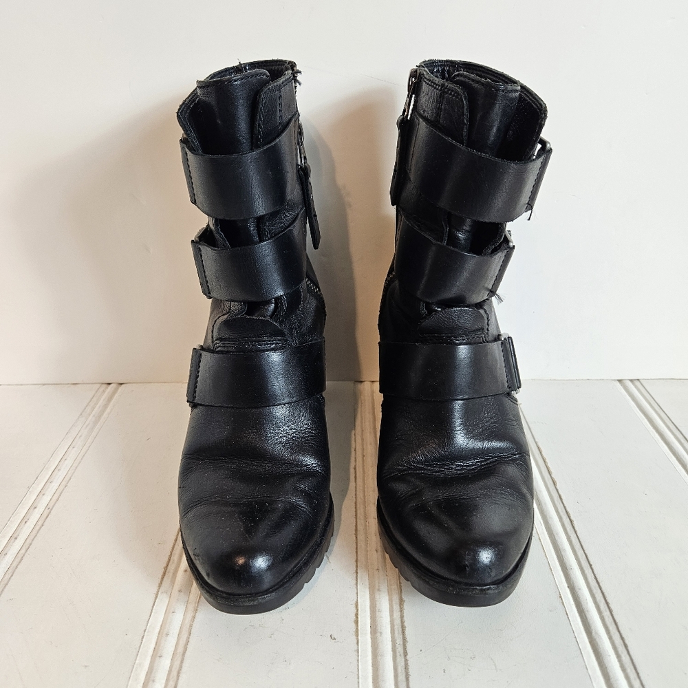 Sorel Wedge Booties Womens Sz 7 Black Leather Triple Buckle Moto Ankle Boots - Picture 2 of 13